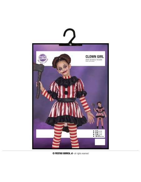 Costume clown horror bambina con abito righe rosse bianche ascia giocattolo Halloween
