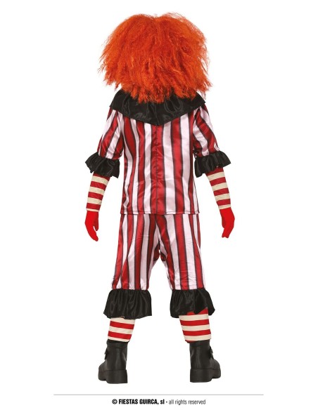 Costume clown horror bambino con tuta a righe rosse e bianche, colletto nero e accessori spaventosi per Halloween