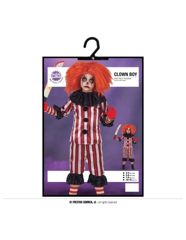 Costume clown horror bambino con tuta a righe rosse e bianche, colletto nero e accessori spaventosi per Halloween