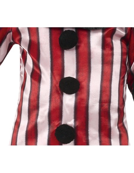 Costume clown horror bambino con tuta a righe rosse e bianche, colletto nero e accessori spaventosi per Halloween