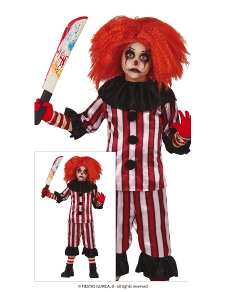 Costume clown horror bambino con tutina righe rosse bianche e accessori spaventosi per Halloween