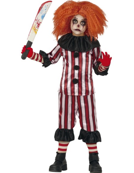 Costume clown horror bambino con tutina righe rosse bianche e accessori spaventosi per Halloween