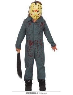 Costume Jason bambino con maschera hockey gialla, tuta grigia macchiata di sangue e machete per Halloween
