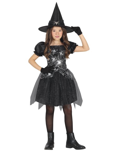 Bambina con costume da strega nero dettagli argento cappello punta Halloween carnevale