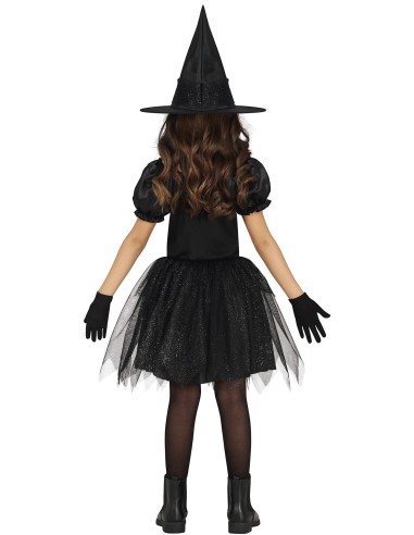 Bambina con costume da strega nero dettagli argento cappello punta Halloween carnevale