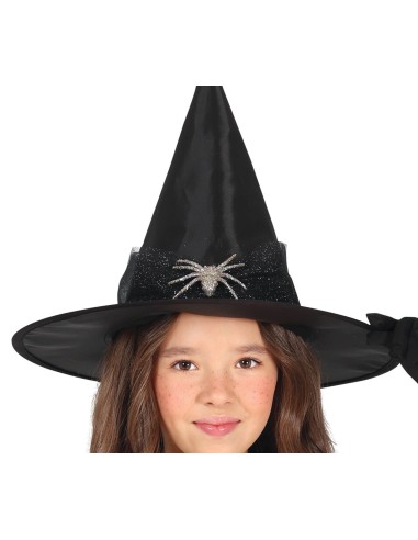 Bambina con costume da strega nero dettagli argento cappello punta Halloween carnevale