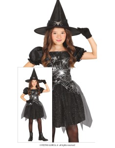 Costume da strega nero con dettagli argento, abito in tulle e cappello a punta per bambina Halloween