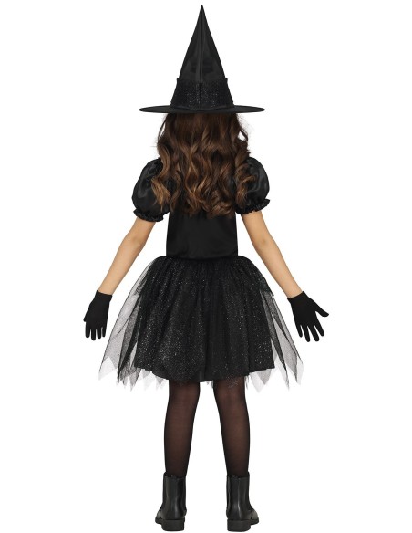 Costume da strega nero con dettagli argento, abito in tulle e cappello a punta per bambina Halloween