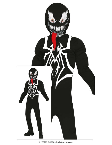 Costume Venom nero bambino con tuta simbolo ragno bianco e maschera denti aguzzi per Halloween