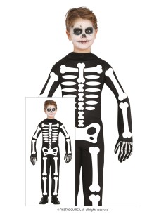 Costume scheletro bambino nero con stampe ossa bianche per Halloween feste horror