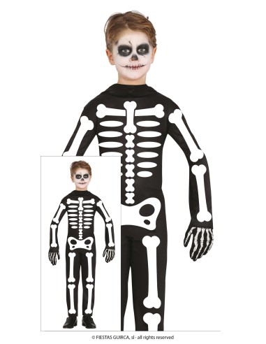 Costume scheletro bambino nero con stampa ossa bianche e teschio per Halloween