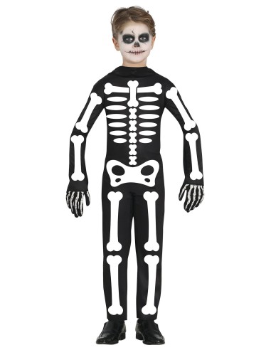 Costume scheletro bambino nero con stampa ossa bianche e teschio per Halloween