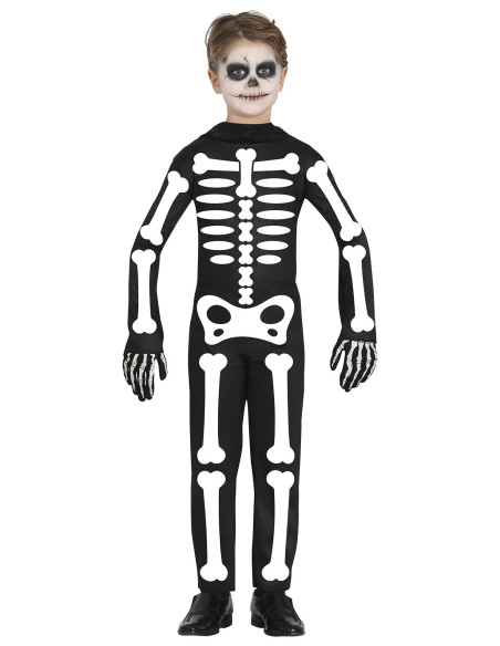 Costume scheletro bambino nero con stampa ossa bianche e teschio per Halloween