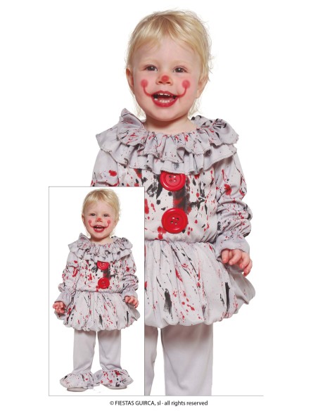 Costume clown horror baby grigio con macchie sangue e colletto per Halloween bambino piccolo