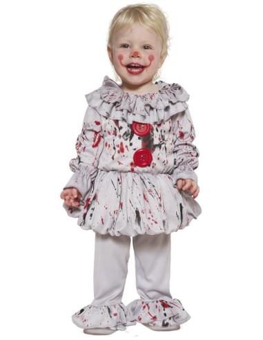 Costume clown horror baby grigio con macchie sangue e colletto per Halloween bambino piccolo