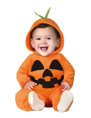Costume zucca arancione per bambini con cappuccio verde e viso stampato per Halloween
