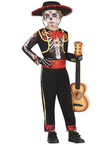 Costume scheletro mariachi bambino con sombrero nero rosso chitarra decorazioni messicane Halloween
