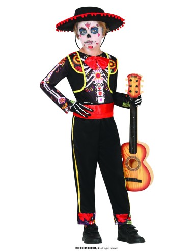 Costume scheletro mariachi bambino con sombrero nero, giacca decorata oro e rosso, chitarra giocattolo inclusa