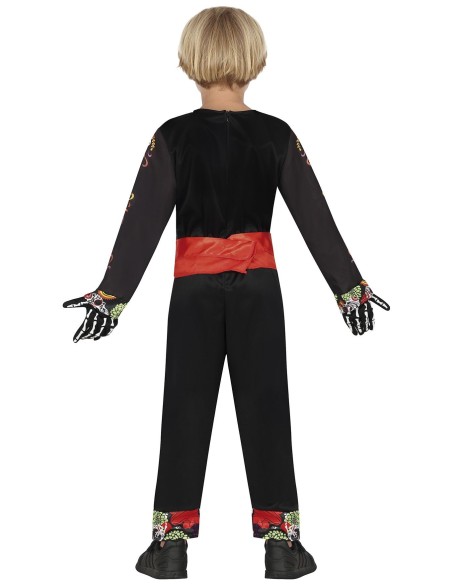 Costume scheletro mariachi bambino con sombrero nero, giacca decorata oro e rosso, chitarra giocattolo inclusa