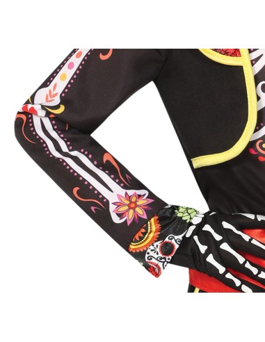 Costume scheletro mariachi bambino con sombrero nero, giacca decorata oro e rosso, chitarra giocattolo inclusa