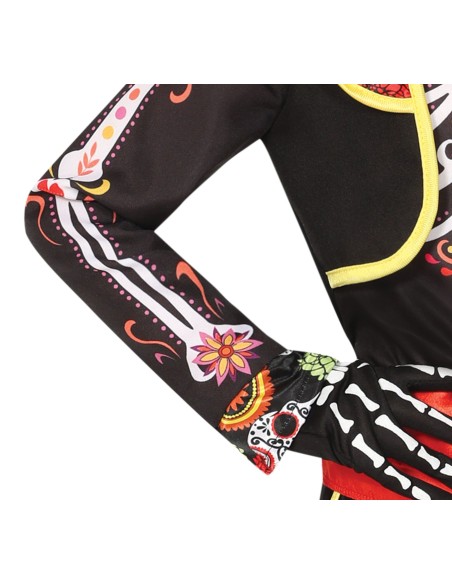 Costume scheletro mariachi bambino con sombrero nero, giacca decorata oro e rosso, chitarra giocattolo inclusa