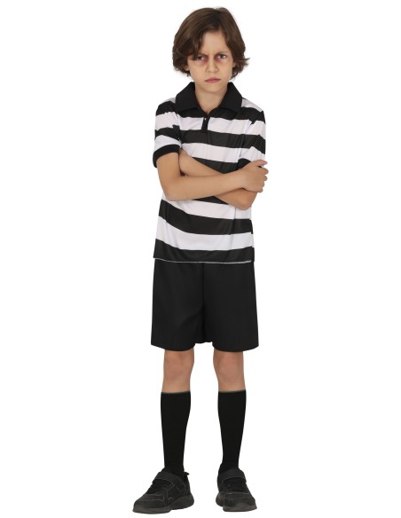 Costume fratello fastidioso bambino con maglia righe bianche nere e pantaloni corti per festa Halloween