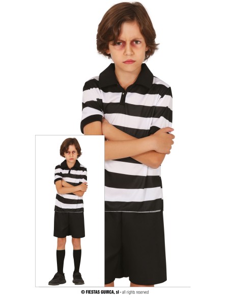 Costume fratello fastidioso bambino con maglia righe bianche nere e pantaloni neri per Halloween feste