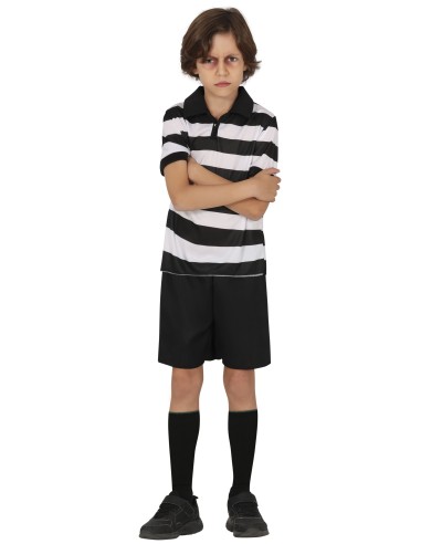 Costume fratello fastidioso bambino con maglia righe bianche nere e pantaloni neri per Halloween feste