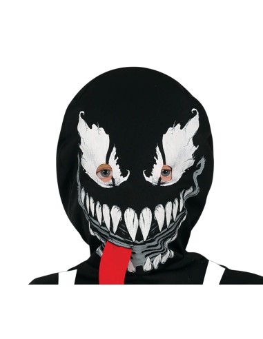 Costume Venom bambino nero con muscoli, maschera spaventosa e simbolo ragno bianco per Halloween
