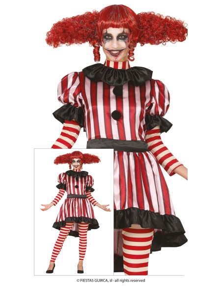 Costume clown donna horror con abito righe rosse bianche e calze abbinate per Halloween