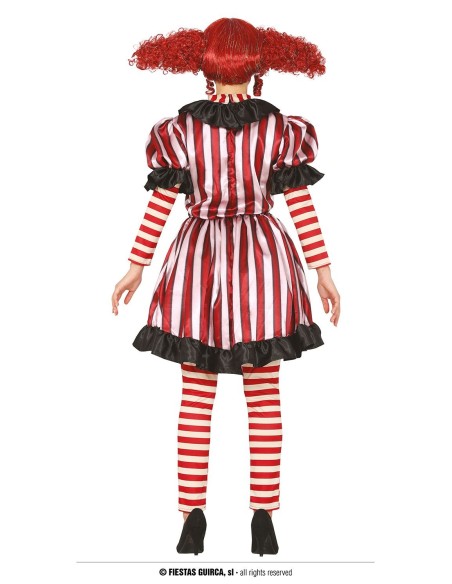 Costume clown donna horror con abito righe rosse bianche e calze abbinate per Halloween