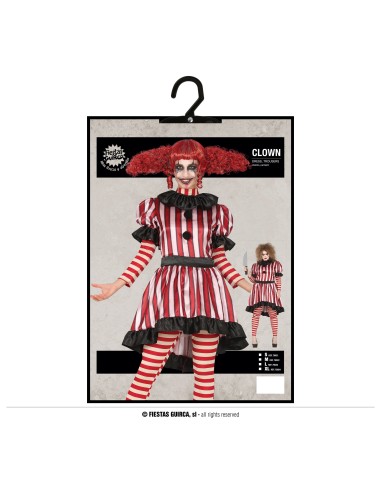 Costume clown donna horror con abito righe rosse bianche e calze abbinate per Halloween