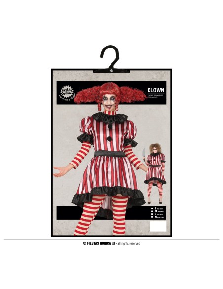Costume clown donna horror con abito righe rosse bianche e calze abbinate per Halloween