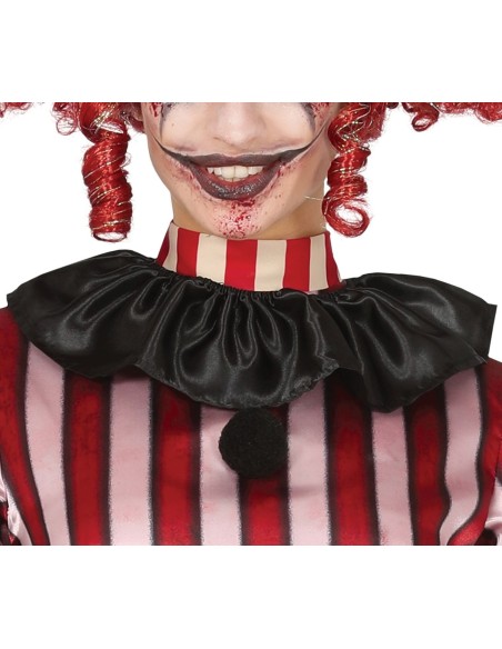 Costume clown donna horror con abito righe rosse bianche e calze abbinate per Halloween