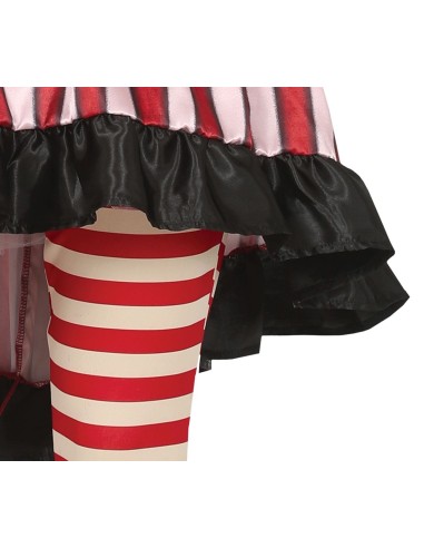 Costume clown donna horror con abito righe rosse bianche e calze abbinate per Halloween