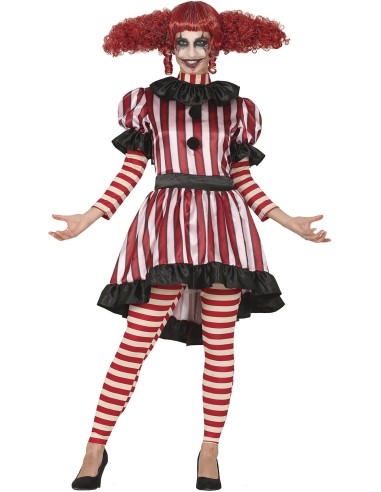 Costume clown donna horror con abito righe rosse bianche e calze abbinate per Halloween