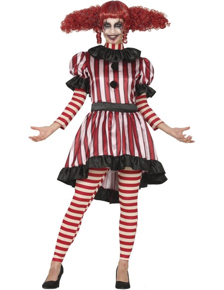 Costume clown donna horror con abito righe rosse bianche e calze abbinate per Halloween