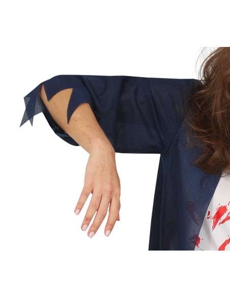 Costume liceale zombie donna con giacca strappata, camicia insanguinata e gonna scozzese per Halloween horror