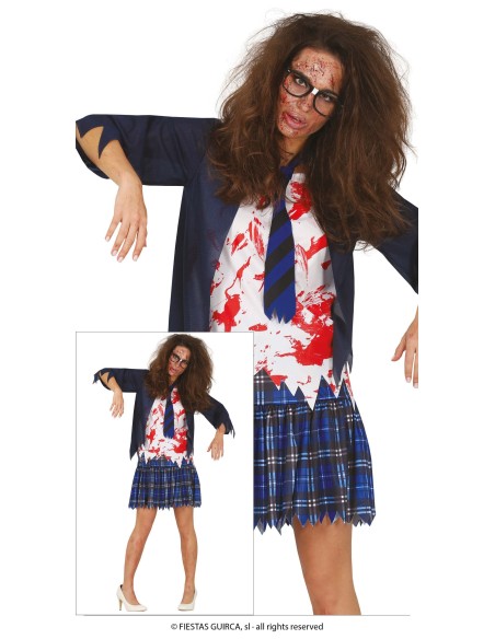 Costume liceale zombie donna con giacca strappata, camicia insanguinata e gonna scozzese per Halloween horror