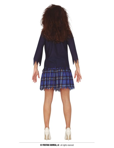 Costume liceale zombie donna con giacca strappata, camicia insanguinata e gonna scozzese per Halloween horror