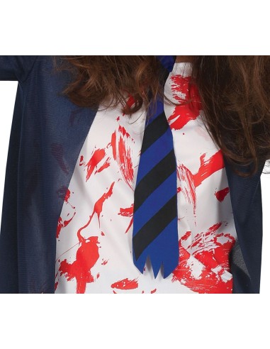 Costume liceale zombie donna con giacca strappata, camicia insanguinata e gonna scozzese per Halloween horror