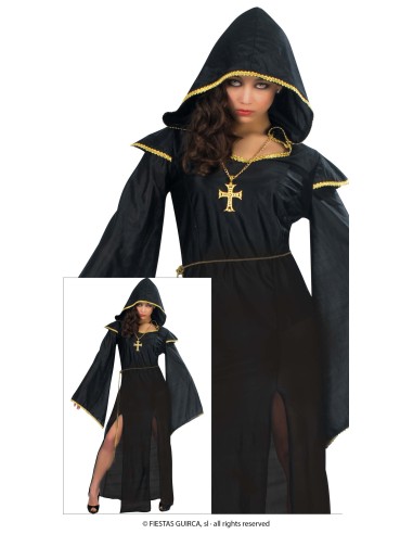 Costume sacerdotessa nero con mantello cappuccio e croce dorata per Halloween donna