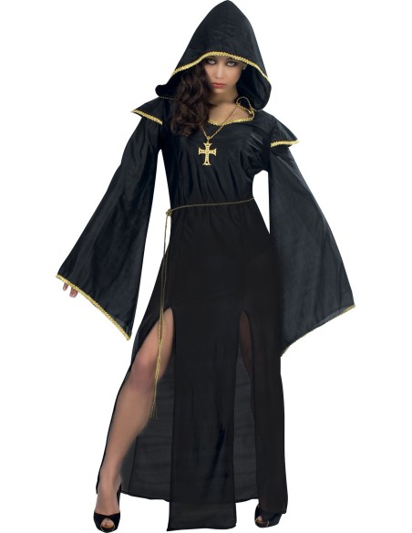 Costume sacerdotessa nero con mantello cappuccio e croce dorata per Halloween donna