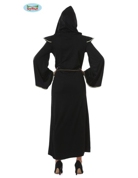 Costume sacerdotessa nero con mantello cappuccio e croce dorata per Halloween donna