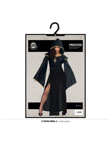 Costume sacerdotessa nero con mantello cappuccio e croce dorata per Halloween donna