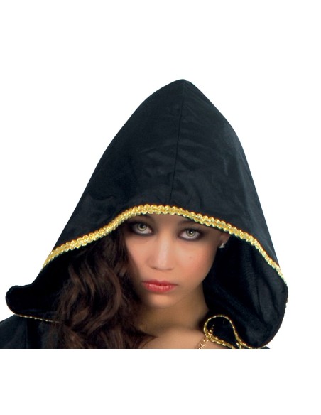 Costume sacerdotessa nero con mantello cappuccio e croce dorata per Halloween donna