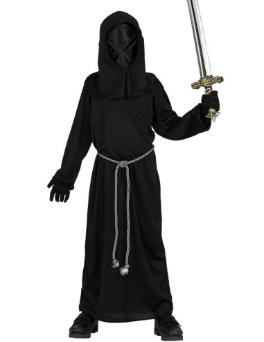 Costume bambino dell'oscurità nero con tunica lunga, cappuccio e spada per Halloween