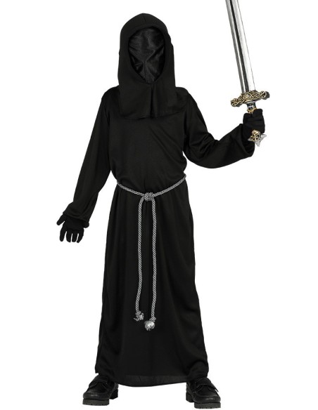 Costume bambino dell'oscurità nero con tunica lunga, cappuccio e spada per Halloween