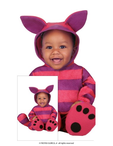 Costume pigiama neonato gatto striato viola rosa con cappuccio orecchie e zampine per Halloween