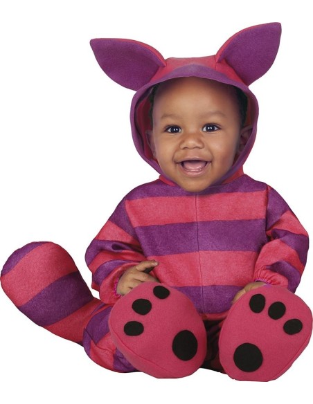 Costume pigiama neonato gatto striato viola rosa con cappuccio orecchie e zampine per Halloween